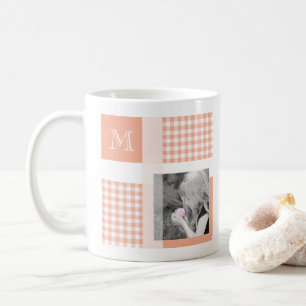 Orange Lägg till ditt fotogingham Modern Monogram Kaffemugg