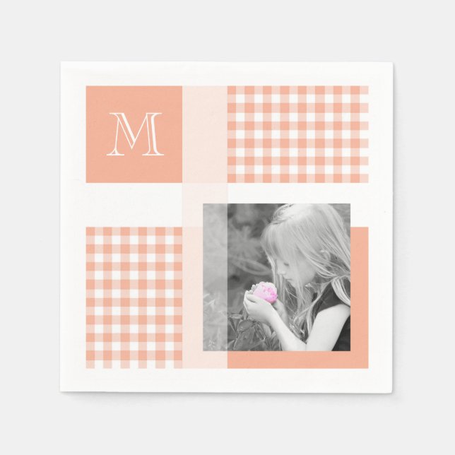 Orange Lägg till ditt fotogingham Modern Monogram Pappersservett (Framsidan)
