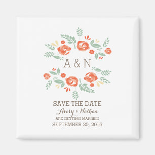 Orange Land Blommigt Monogram Spara datum Magnet