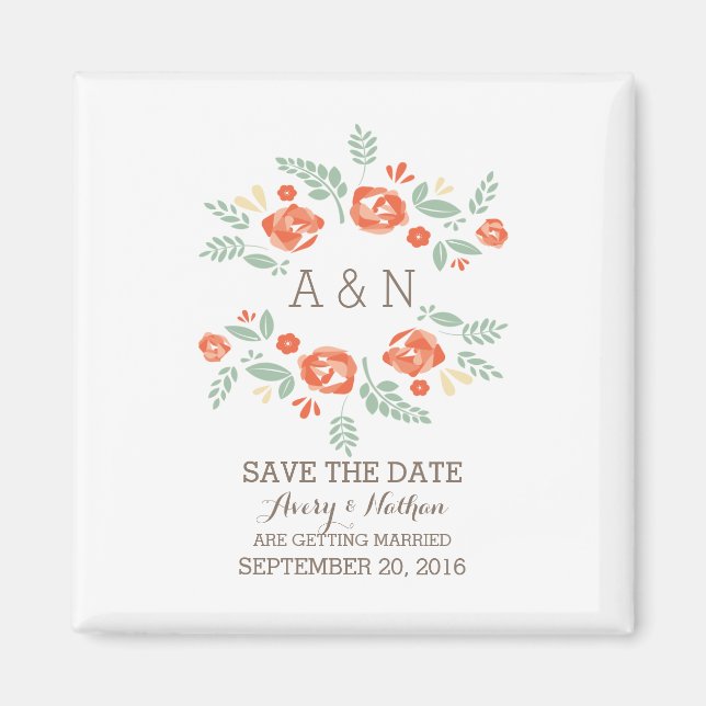 Orange Land Blommigt Monogram Spara datum Magnet (Framsidan)