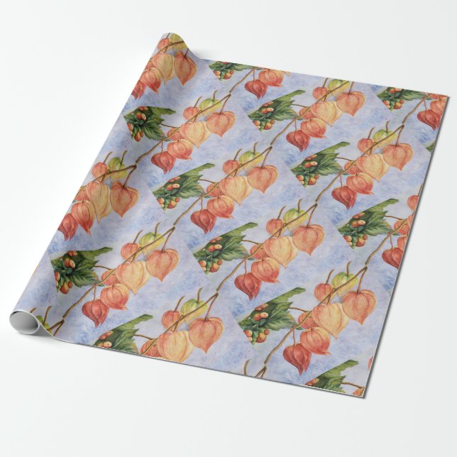 Orange Lantern Flowers Presentpapper (Utrullad)