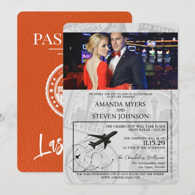 Orange Las Vegas Passport Bröllop Inbjudningar (Fram/baksida)