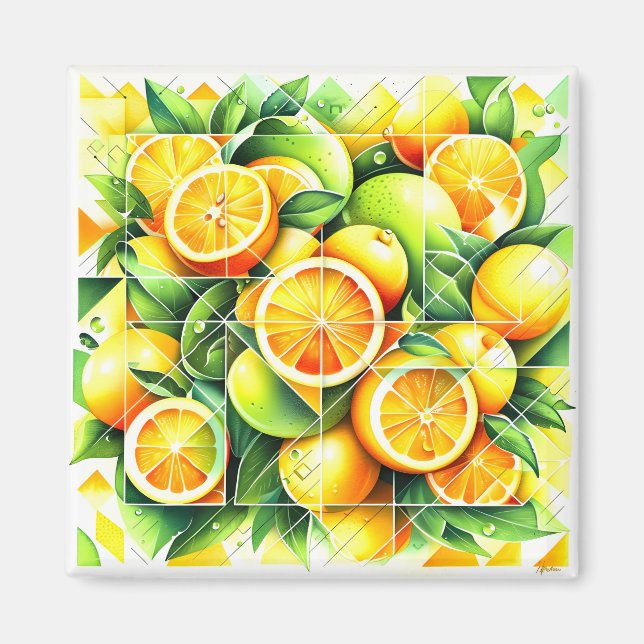 Orange Lemon Botanisk Citrus Geometrisk Magnet (Framsidan)