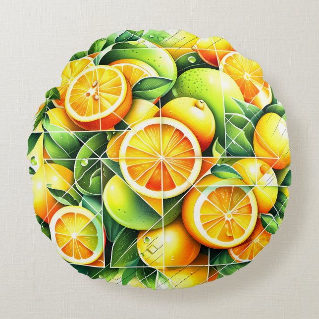 Orange Lemon Botanisk Citrus Geometrisk Rund Kudde (Framsidan)