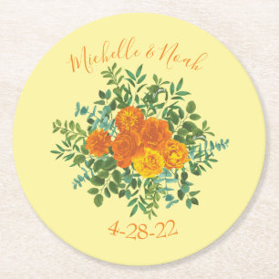 Orange & Light Gult Peony & Ro Blommigt Bröllop Underlägg Papper Rund