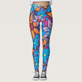 Orange Lila Blå Blommig Leggings