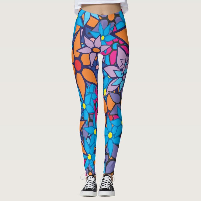 Orange Lila Blå Blommig Leggings (Framsida)