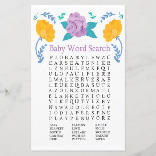 Orange Lila blommor Baby Shower Ord Search Game