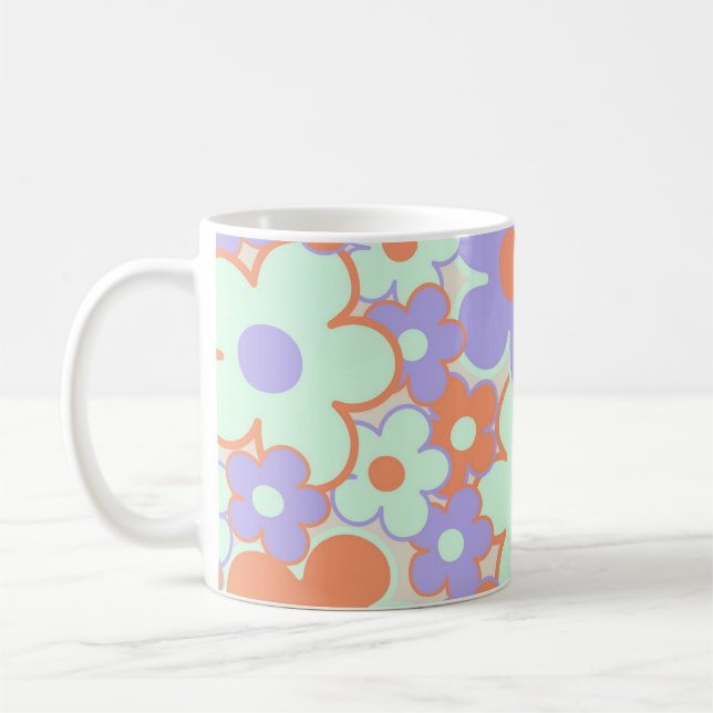 Orange Lila Blue Retro Y2K 70 s Flower Mönster Kaffemugg (Vänster)
