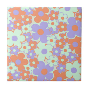 Orange Lila Blue Retro Y2K 70 s Flower Mönster Kakelplatta