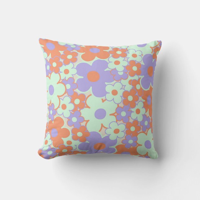 Orange Lila Blue Retro Y2K 70 s Flower Mönster Kudde (Framsida)
