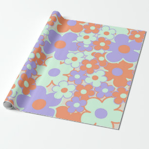 Orange Lila Blue Retro Y2K 70 s Flower Mönster Presentpapper