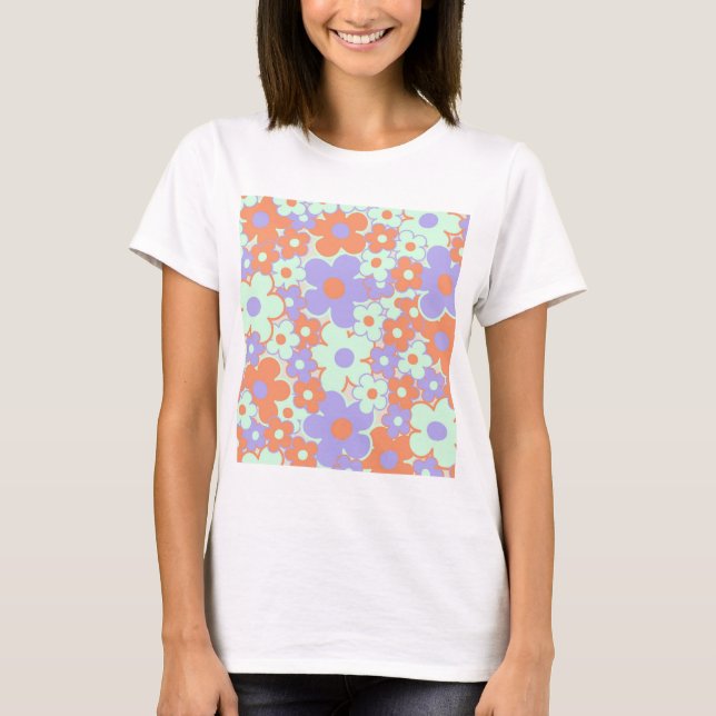 Orange Lila Blue Retro Y2K 70 s Flower Mönster T Shirt (Framsida)