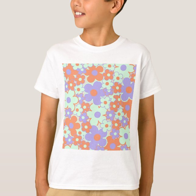 Orange Lila Blue Retro Y2K 70 s Flower Mönster T Shirt (Framsida)