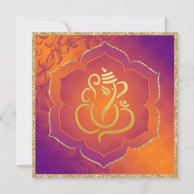 Orange Lila Damask Guld Ganesh Indian Bröllop Inbjudningar (Framsida)