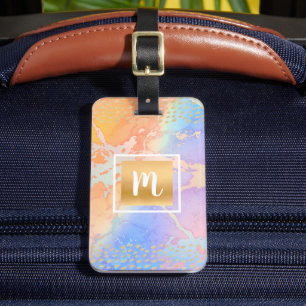Orange lila guld abstrakt vattenfärgsmonogram bagagebricka