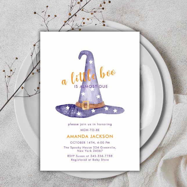 Orange Lila Little Boo Witch Hat Baby Shower Inbjudningar (Orange Purple Little Boo Witch Hat Baby Shower Invitation)