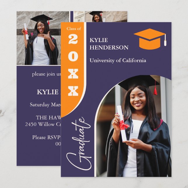 Orange lila modern examensfoto meddelande (Fram/baksida)