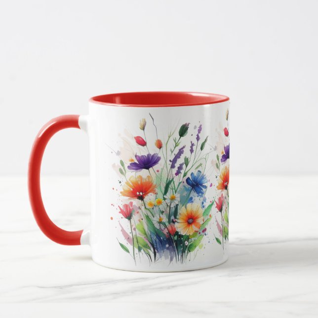 Orange Lila Red Blue Watercolor Vild Flowers Mugg (Vänster)