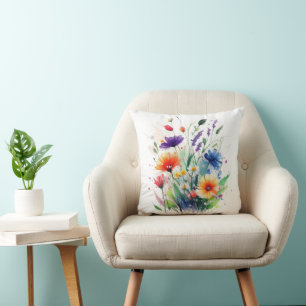 Orange Lila Röd Blå Akvarell Vilda Blommor Kudde