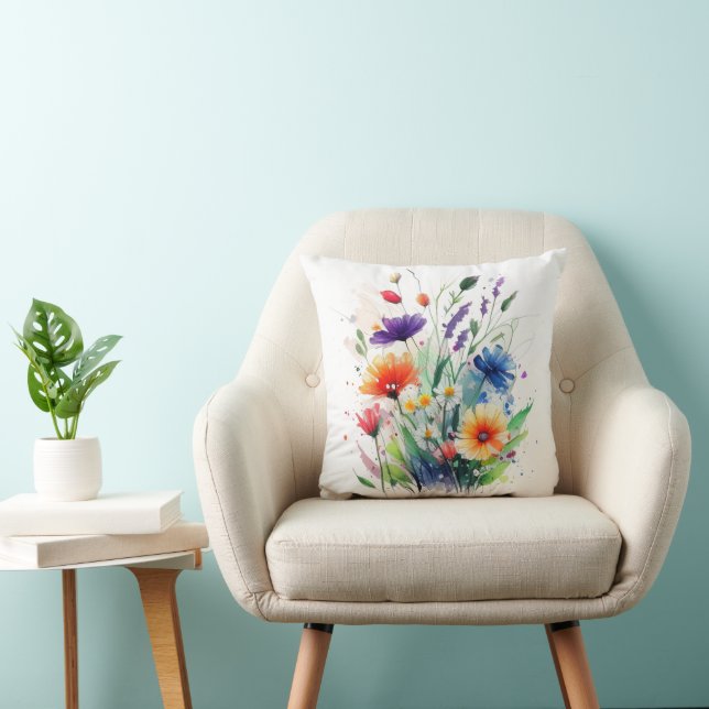Orange Lila Röd Blå Akvarell Vilda Blommor Kudde (Stol)