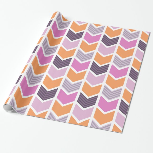 Orange Lila Rosa Geometric Chevron Mönster Presentpapper (Utrullad)