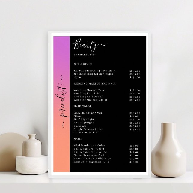 Orange, lila & svart prislista salongaffisch poster (Orange, Purple & Black Pricelist Salon Poster)