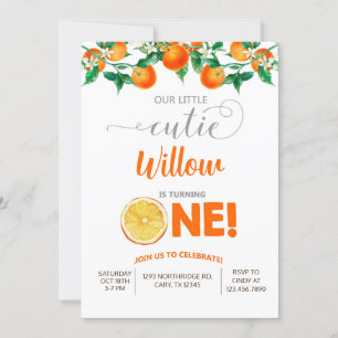 Orange lilla cutie-flickfödelsedagsinbjudan. inbjudningar