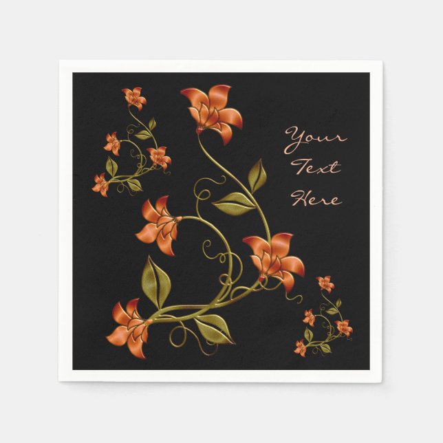 Orange Lillies Blommönster Black Napkins Pappersservett (Framsidan)