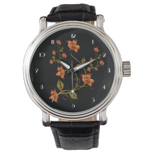 Orange Lillies Blommönster Black Wrist Watch Armbandsur