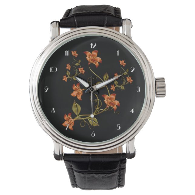 Orange Lillies Blommönster Black Wrist Watch Armbandsur (Framsida)