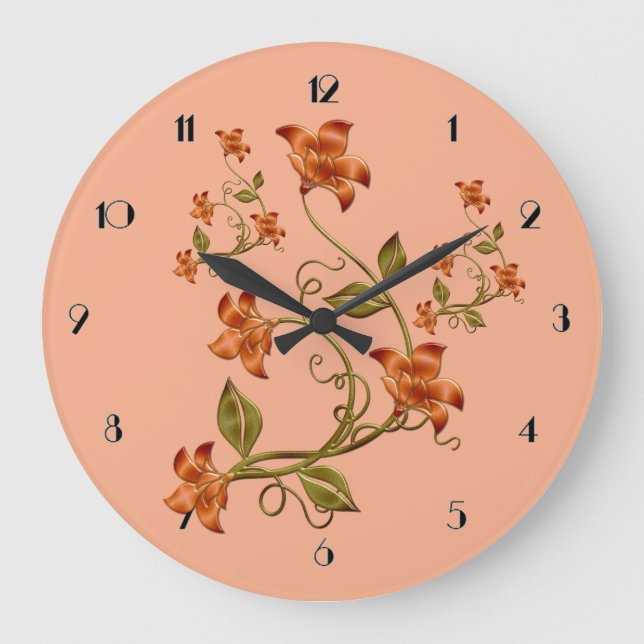 Orange Lillies Blommönster Peach Wall Clock Stor Klocka (Framsida)