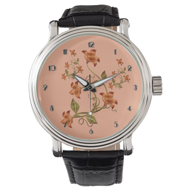 Orange Lillies Blommönster Peach Wrist Watch Armbandsur (Framsida)