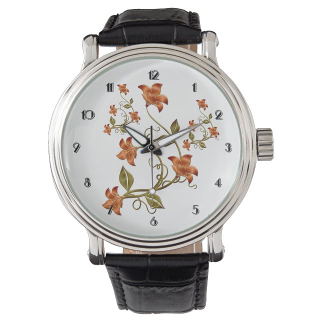Orange Lillies Blommönster Wrist Watch Armbandsur (Framsida)