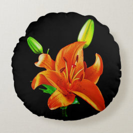 Orange Lily on Black Rund Kudde