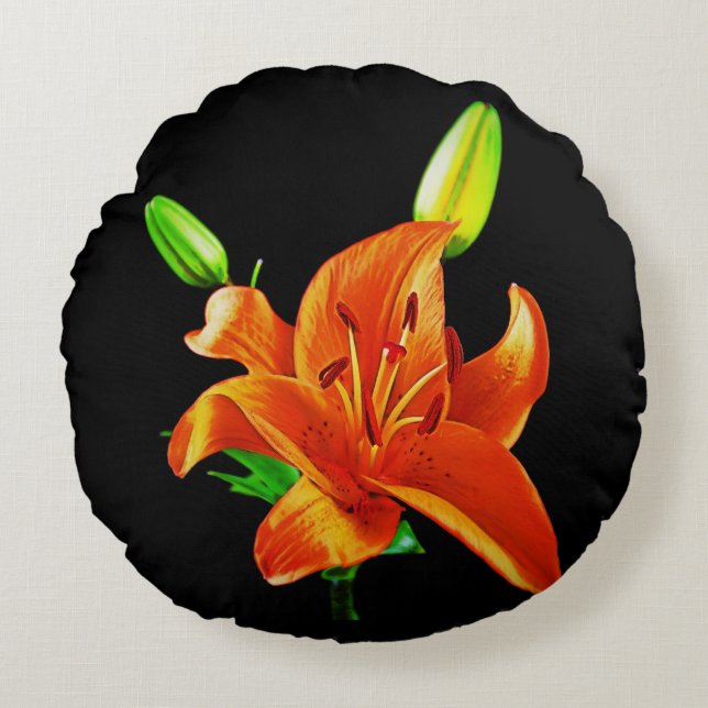 Orange Lily on Black Rund Kudde (Framsidan)