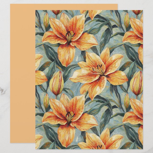 Orange Lily on Sage Green Scrapbook Paper (Fram/baksida)