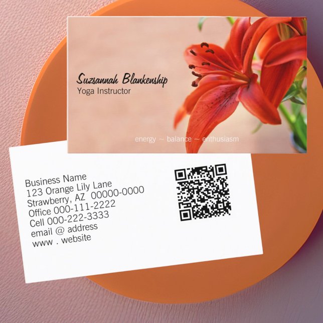 Orange Lily Photo Yoga Instructor QR Code Anpassni Visitkort (business card front and back design with qr code)