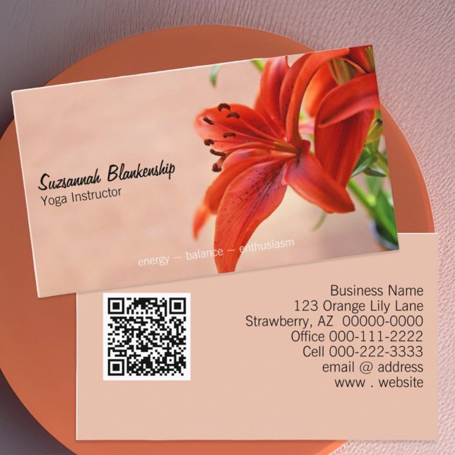 Orange Lily Photo Yoga Instructor QR Code Visitkort (business card front and back with qr code)