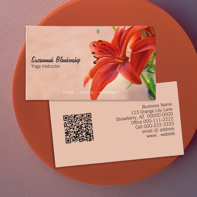 Orange Lily Photograph Yoga Instructor QR Code Visitkort (business card front and back design)