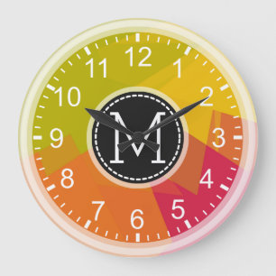 Orange Lime Gul Modernt Monogrammosaik Stor Klocka