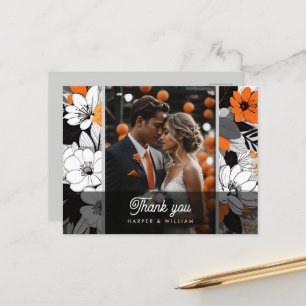 Orange Lineart-blommor bröllop-fototack Vykort