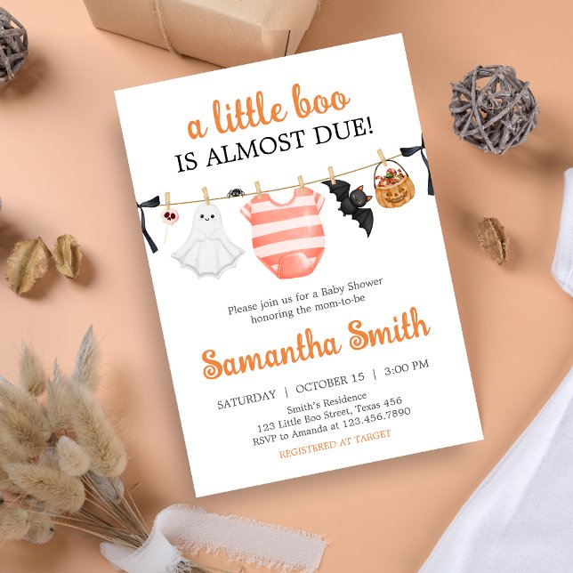 Orange Little Boo Baby Shower Inbjudningar (A Little Boo Is Almost Due Clothesline Baby Shower Invitation)