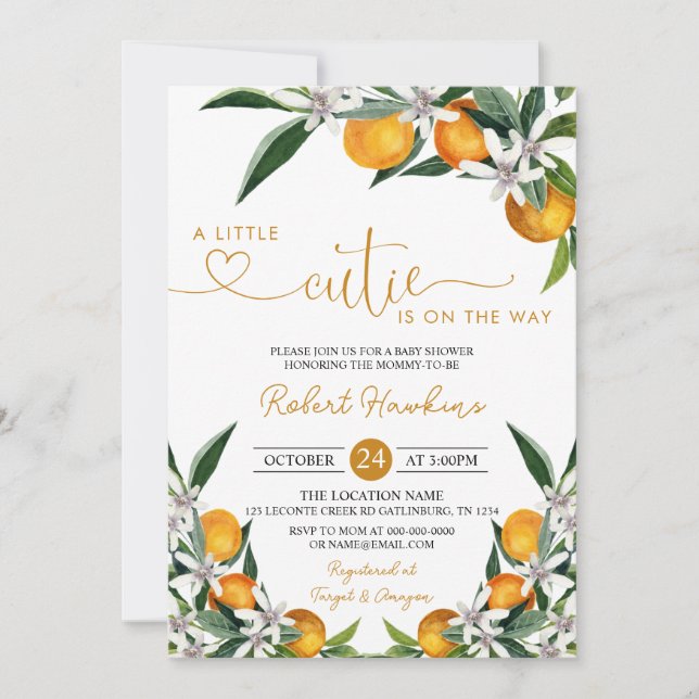 Orange Little Cutie är på väg som Baby Shower Invi Inbjudningar (Framsida)