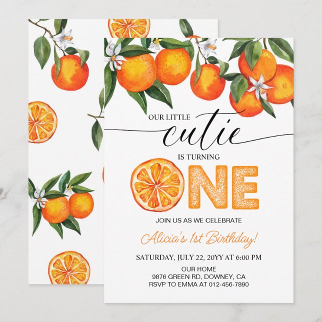 Orange Little Cutie Citrus 1st Birthday Party Inbjudningar (Fram/baksida)