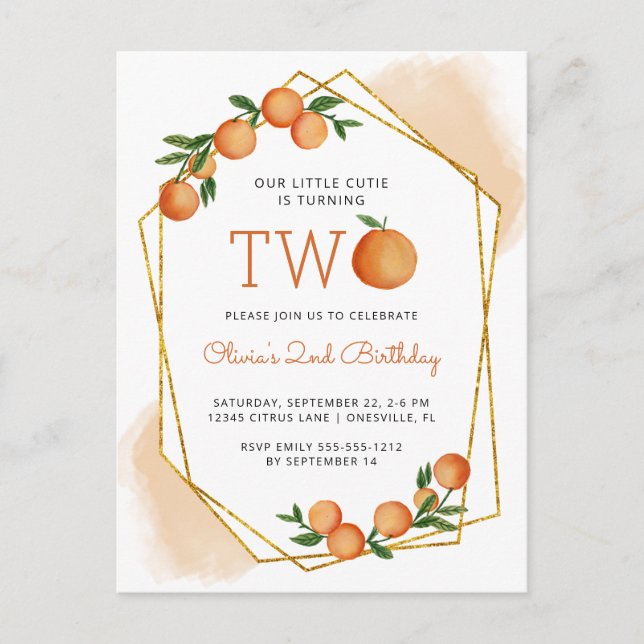 Orange Little Cutie Citrus 2:a födelsedagen Party  Vykort (Framsida)