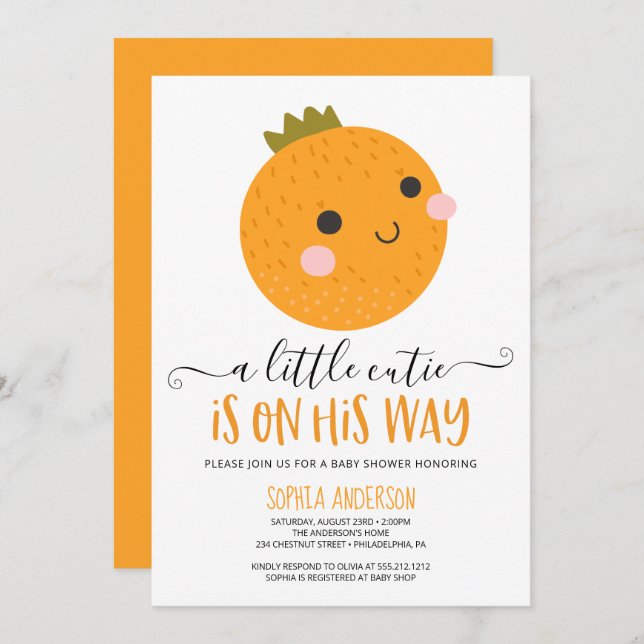 Orange Little Cutie Citrus Modern Boy Shower Inbjudningar (Fram/baksida)