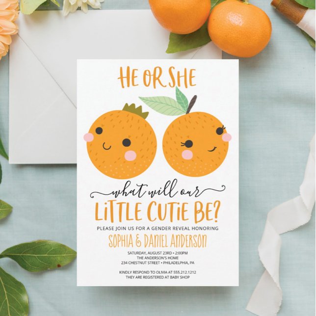 Orange Little Cutie Citrus Modern Gender Reveal Inbjudningar (Skapare uppladdad)