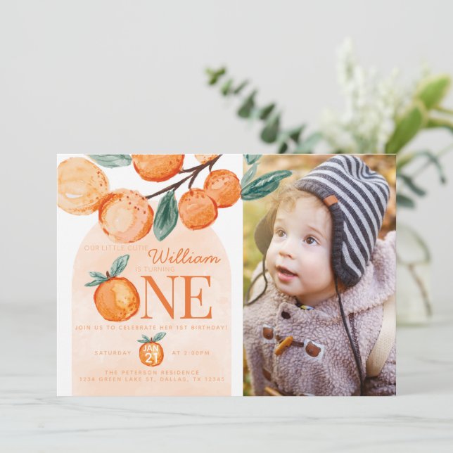Orange Little Cutie One 1st Birthday Party Photo Inbjudningar (Stående Fram)