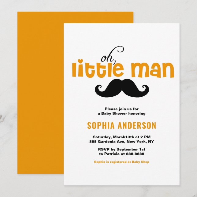 Orange Little Man Mustache Baby Shower-inbjudan Inbjudningar (Fram/baksida)